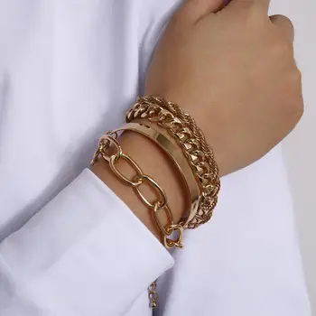 

Lacteo 4pcs/set Punk Exaggerated Twist Chain Bangle Bracelet Jewelry 2020 for Women Hip Hop Gold Color Charm Bracelet