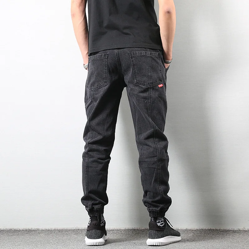 Японский стиль, модные мужские джинсы черного цвета, высокое уличное свободное крой, брюки карго, эластичные, с завязками на лодыжке, хип-хоп джинсы Джоггеры для мужчин