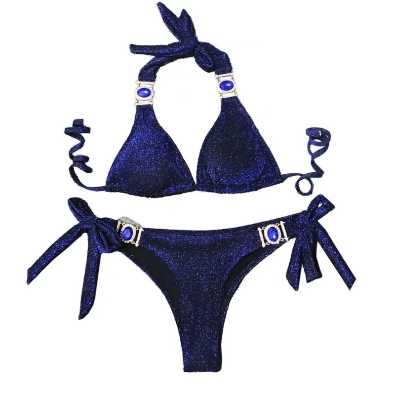 

2020 Women Rhinestone Bikini Set Shiny Swimsuit Halter Crystal Diamond Swimwear GXMF