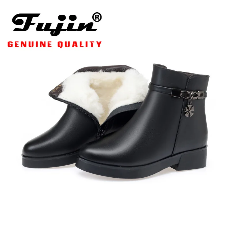 

Fujin Wool Women Snow Boots Warm Fur Warm Plush Solid Fashion Ankle Boots High Heel Leisure Genuine Leather Women Winter Boots