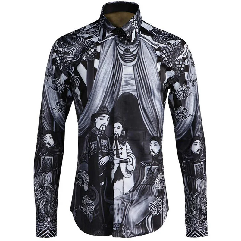 Qing Dynasty Digital Print Men Shirts Slim Body Classic Shirt Casual Breathable Clothing Non Ironing Fashion Basic Shirts M-4XL