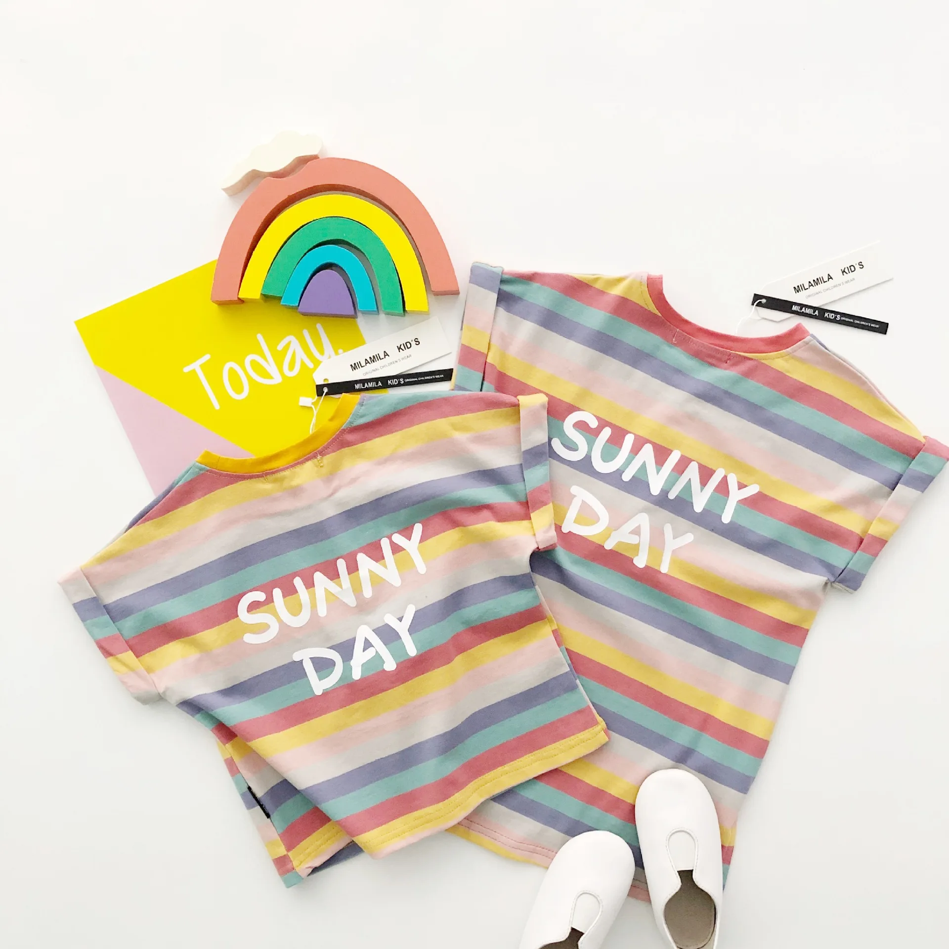 Tonytaobaby весенне летняя новая стильная Радужная футболка из чистого хлопка с