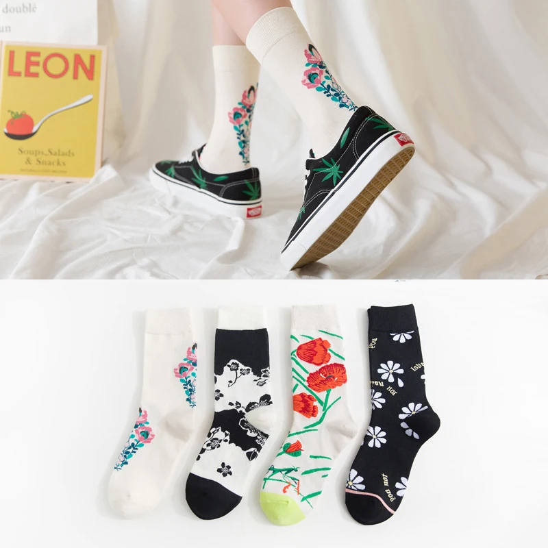Хлопковые женские высокие носки в стиле Харадзюку, длинные носки для девочек с рисунком, носки осенние зимние носки с цветочным принтом, распродажа, 4 пар/лот