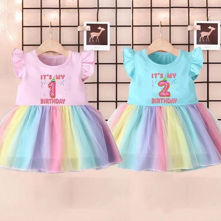 Strawberry 1 2 3 4 Year Letter Baby Girls Princess Rainbow Dress Birthday Party Gift Infant Kids Dresses Clothes Outfits Vestido | Детская