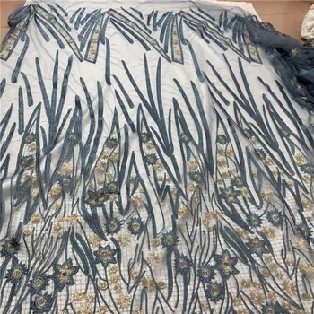 

Fashion Grey Blue Gold mesh Embroidery Lace fabric Party gown lace fabric DIY sewing material dress lace fabric