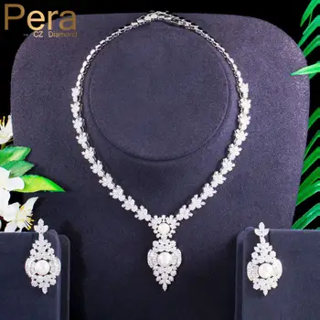 

Pera Temperament Shiny Cubic Zirconia Paved Big Pearl Pendant Necklace Earrings Jewelry Sets for Women Wedding Banquet J393