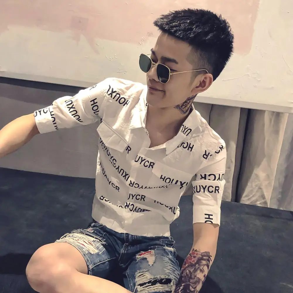 

New Fashion Hot Sale Brand 2019 summer men's casual high quality printed short fit shirt male slim korea style easy care shirt
