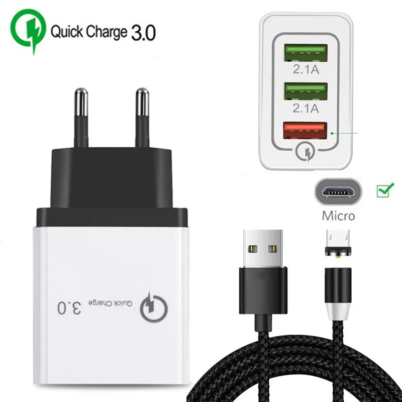 QC 3.0 Cepat Charger & Magnetic USB Kabel Micro USB untuk Samsung S7 Edge J7 J6 J4 A10 Huawei Y5 Y7 P Smart 2019 Kehormatan 8X 8C Ponsel
