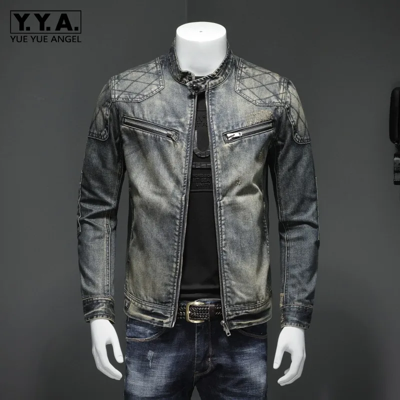 Mens Blue Denim Vintage Classic Biker Motorcycle Jacket Stand Collar Retro Slim Fit Distressed Racer Jean Coat Plus Size 5XL |