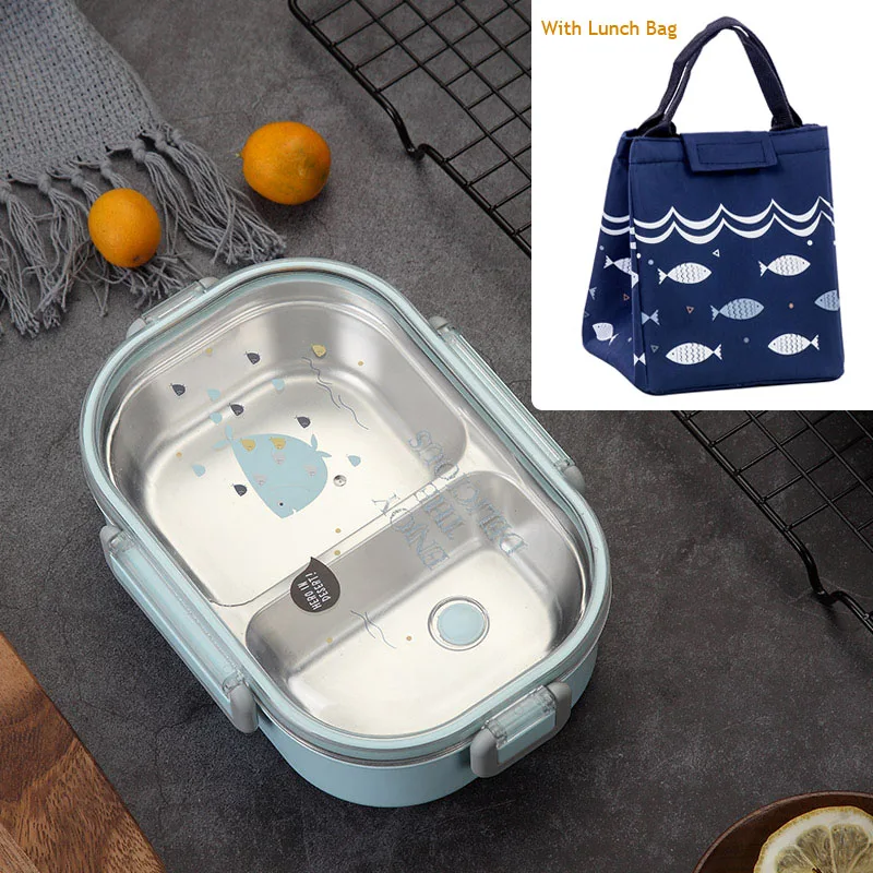 Blue With Bag Ланч-бокс для детей, японский, 304, из нержавеющей стали, Bento box, термоконтейнер для хранения еды, детский школьный герметичный Ланчбокс - Цвет: Blue With Bag