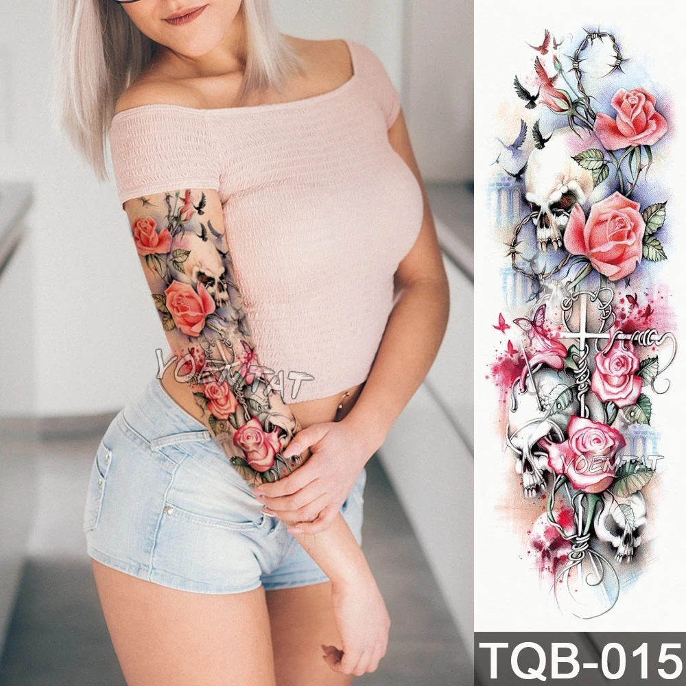 

New 1 Piece Temporary Tattoo Sticker Cross skull roses pattern Full Flower Tattoo with Arm Body Art Big Large Fake Tattoo