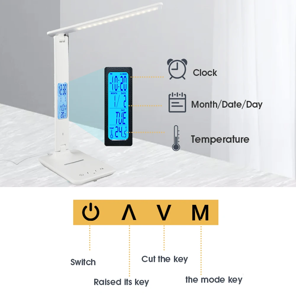 Lâmpada de Mesa com Calendário Proteger para Estudo Luz da Mesa de Carregamento sem Fio Despertador Temperatura Lâmpada Modestável Olho Escritório Led 3 10 temperatura 3 lâmpada modestável olho proteger para estudo escritório