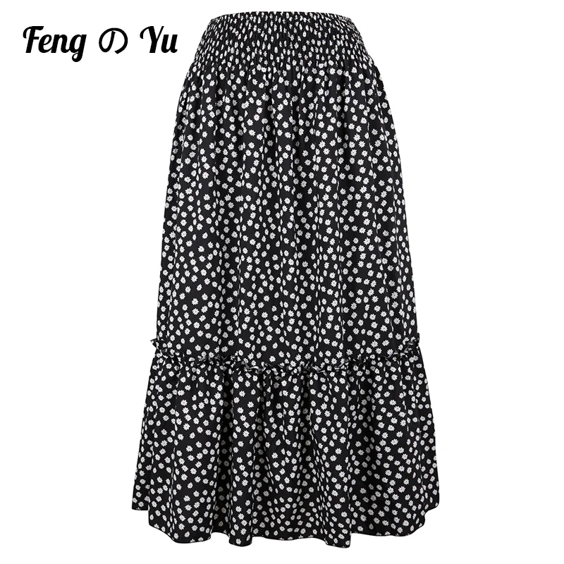 Fashion Bohemian Long Skirt Women's Elegant Holiday Summer Casual High Elastic Waist Skirt Floral Print Sea Blue Retro Skirt
