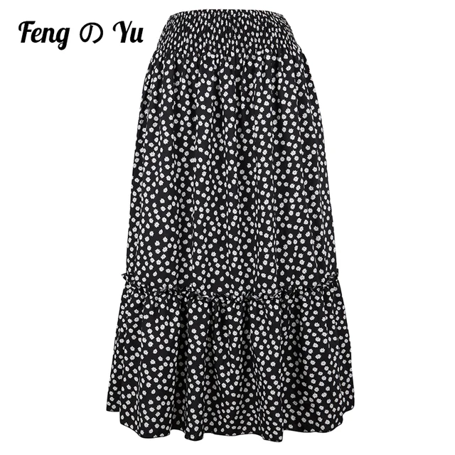 Fashion Bohemian Long Skirt Women's Elegant Holiday Summer Casual High Elastic Waist Skirt Floral Print Sea Blue Retro Skirt Black