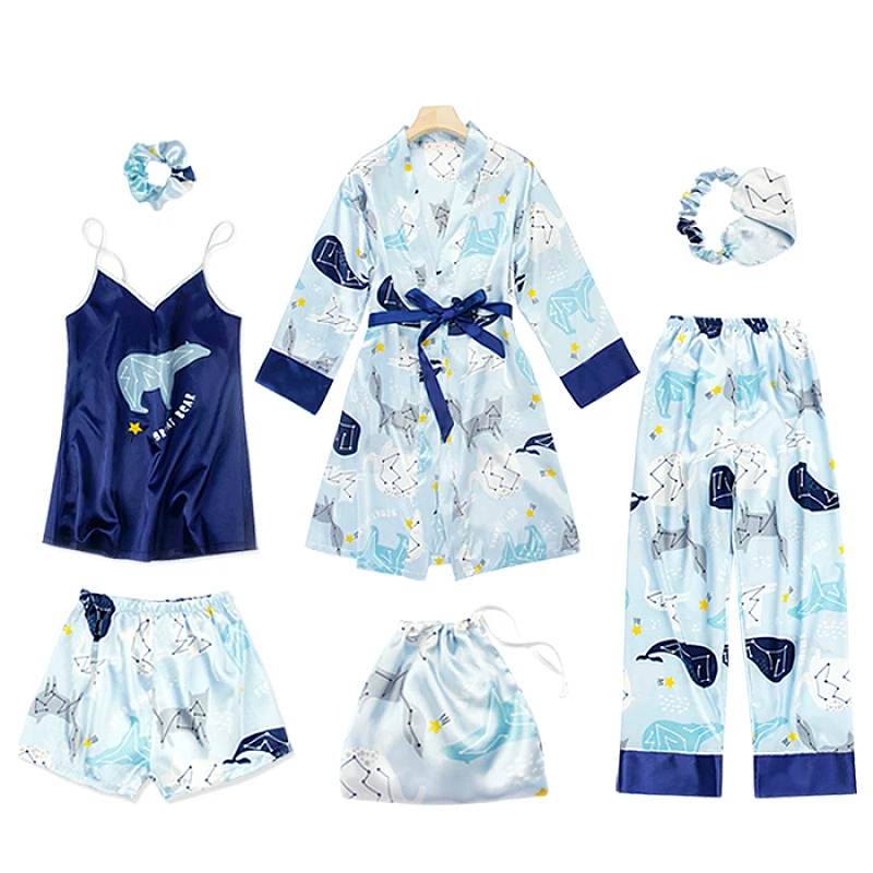 7 Pieces Womens Silk Satin Pajamas Sets Pyjamas Set Sleepwear Pijama Pajamas Suit Female Sleep Two Piece Set Loungewear