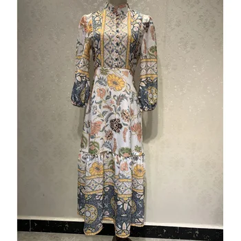 

Edie Border Dress Women Robe Midi A-line Print Contrast Rope Piping Gathered Drop Hem Front Button Closure Autumn Dropshipping