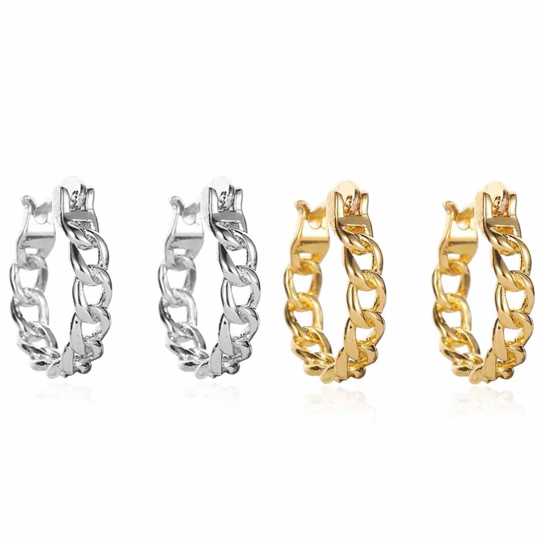 Punk Style Geometric Gold Hoop Earring For Women Vintage Charm Curb Chain Ear Loop Hollow Link Chain Huggie Hoop Earring Jewelry