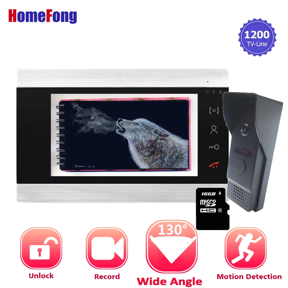 With 16GB SD Card 【Wide Angle】Homefong видео дверной звонок с экраном 7 дюймов видео дверной телефон Interco 130 градусов Запись движения Обнаружение Домашний домофон - Цвет: With 16GB SD Card