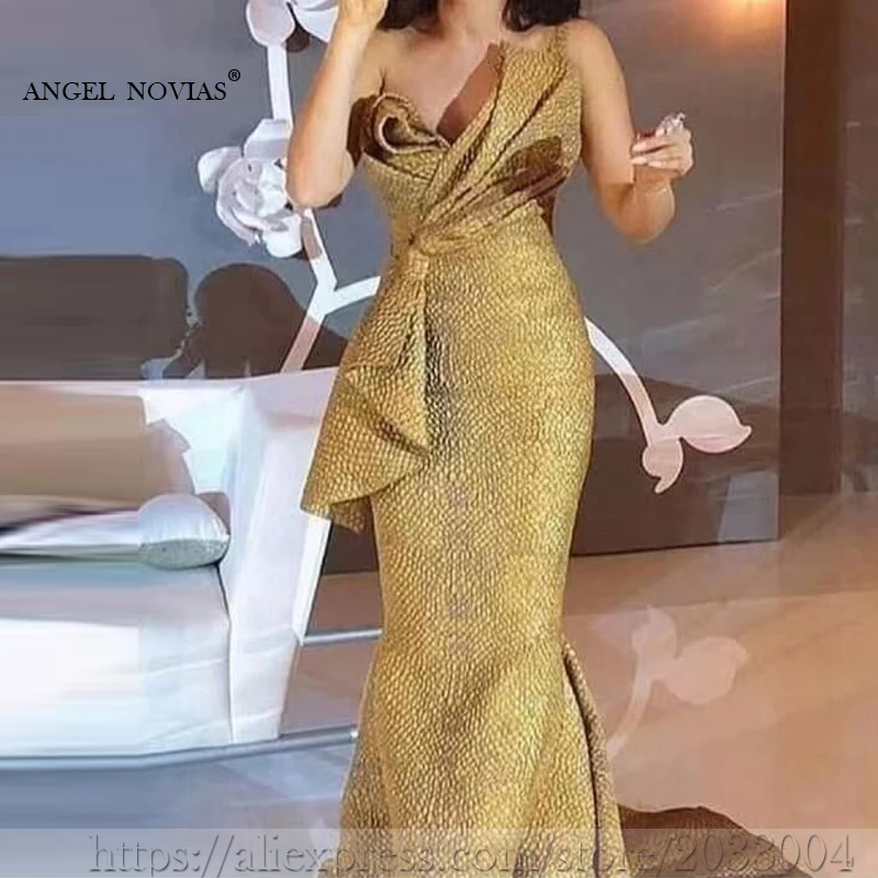 

Long Gold Mermaid Arabic Woman Evening Dress 2019 Formal Elegant Prom Dress Party Gown abendkleider lang luxus