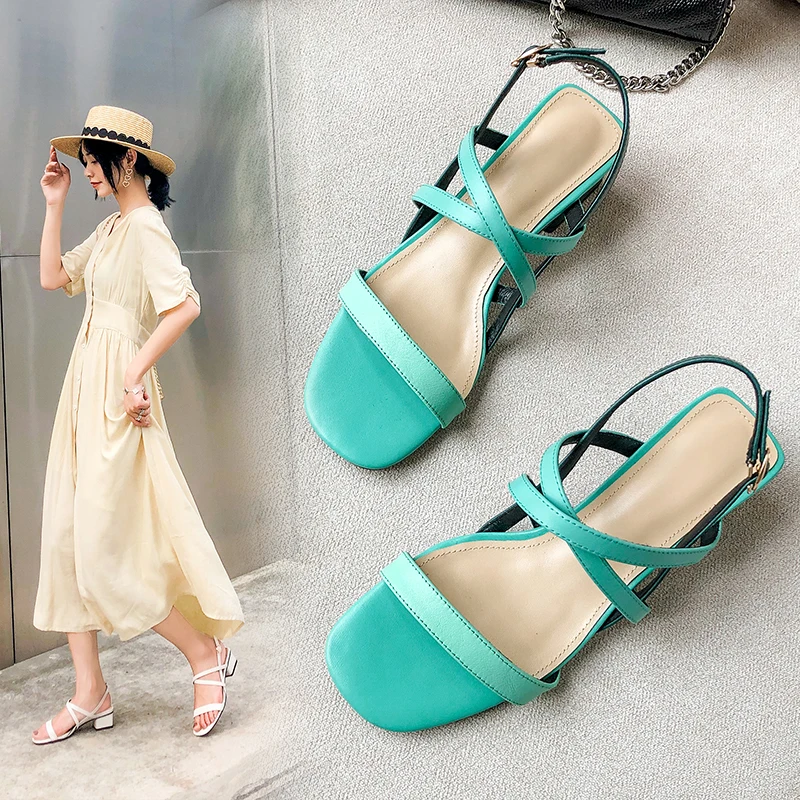New women sandals genuine leather thick high heels sandals woman mixed colors cross buckle ladies dress party shoes