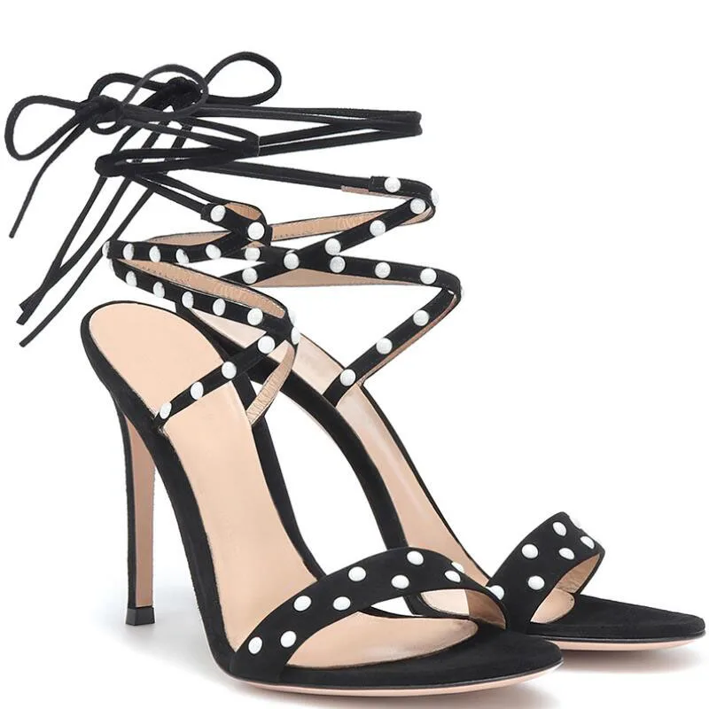 

Black Rivet Decoration Fashion Women Sandals Summer Hottest Thin High Heel And Open Toe Cross-tied Women Shoes Sandals