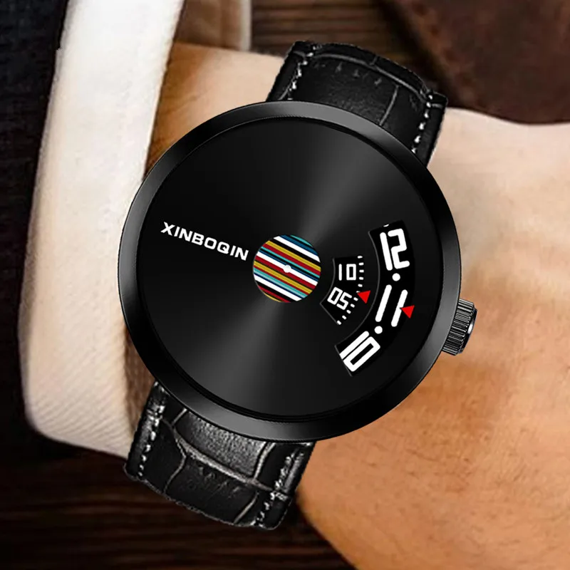Leather Full Black Абсолютно дизайн, без указателей, концепция, часы для мужчин, креативные Кварцевые водонепроницаемые часы, настоящая кожа, радужные наручные часы, миланские - Цвет: Leather Full Black