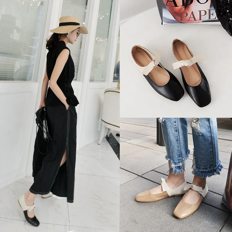 

2019 Spring New Style Women's Korean-style Casual Leather Bowknot Low-Cut Flat Keel Thin Shoes Chunky-Heel Square Head Mixed Col