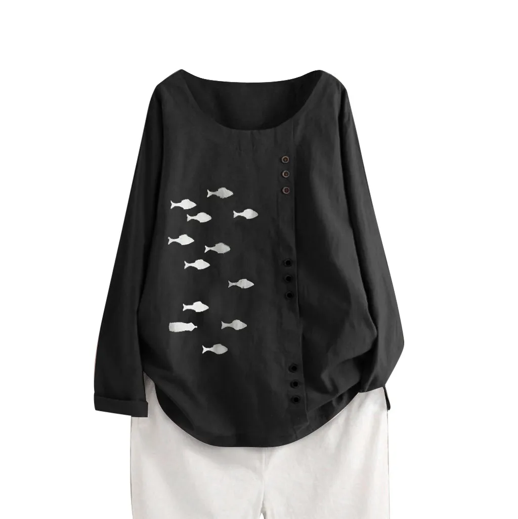 

5XL Plus Size Women Blouse Fish Print Cotton Linen Blouse Autumn Long Sleeve Casual Tops Blouse With Button blusas mujer de moda