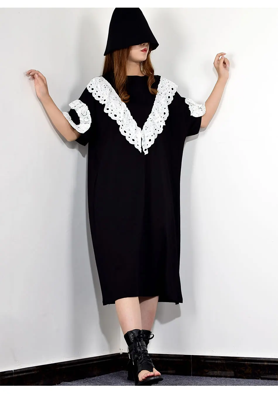 XITAO Patchwork Hollow Out Lace Midi Dress Women Korean Fashion Clothes Pullover Short Sleeve Match All Summer New WBB3996