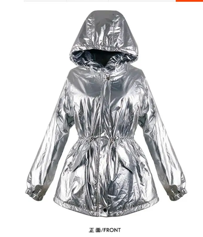 Новое осеннее пальто для женщин серебряное модное блестящее пальто с капюшоном женские регулируемые ветровки на талии водостойкие - Цвет: Серебристый