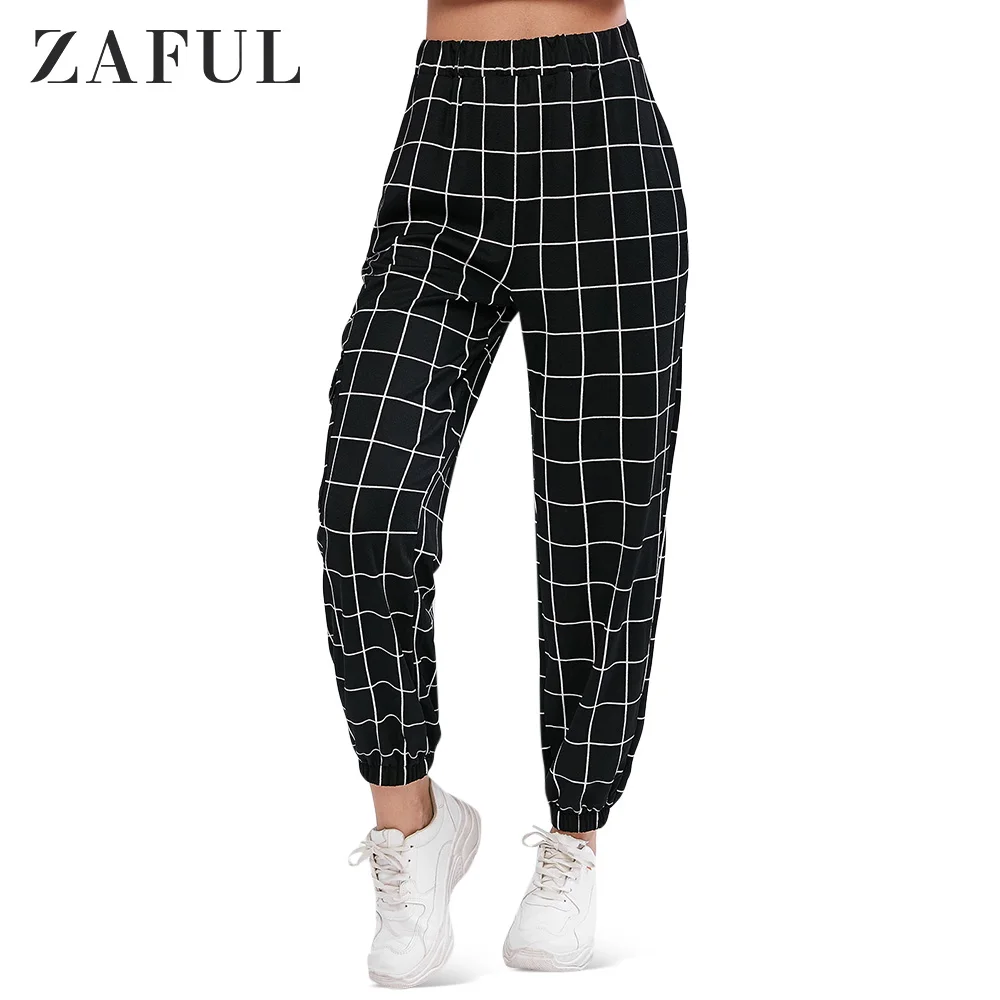 ZAFUL Plaid Jogger Pants With Pocket For Women High Waist Elastic Waist Jogger Pants Female Sports Autumn ZAFUL Plaid Jogger Pants With Pocket For Women High Waist Elastic Waist Jogger Pants Female Sports Autumn