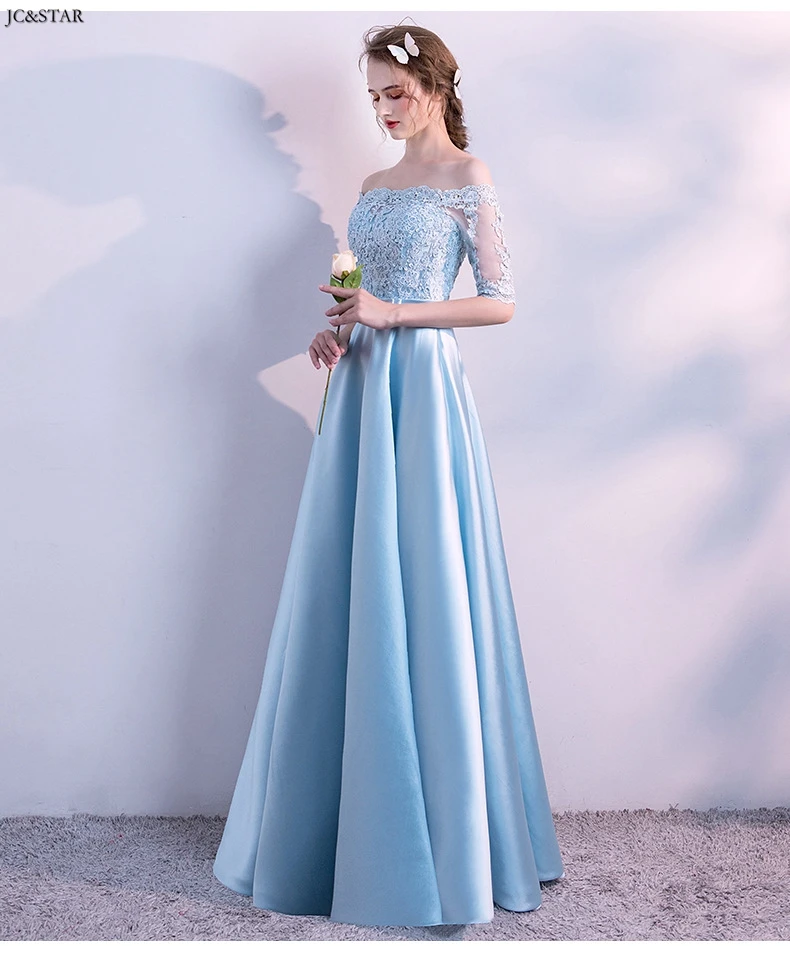 Sukienka druhna new OFF shoulder lace satin half sleeve A Line sky blue bridesmaid dress long women dress for wedding party vest