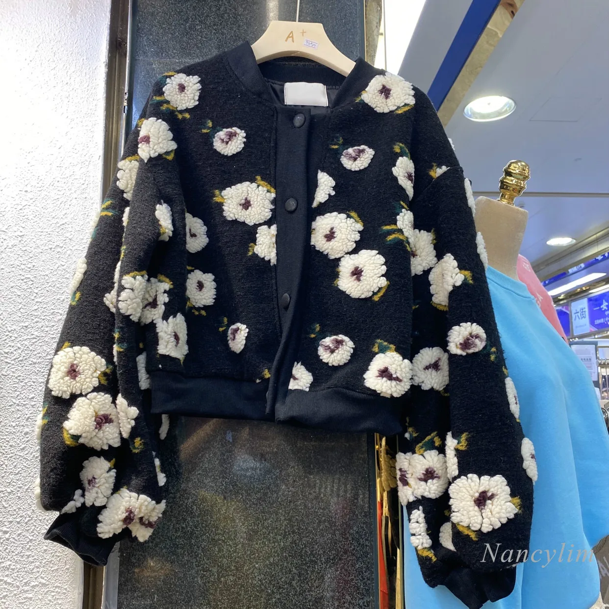 

Fashion Street Coat for Women Floral Lazy Wind Wool Woolen Coat Retro Cropped Jacket Female Lady Chic Coat