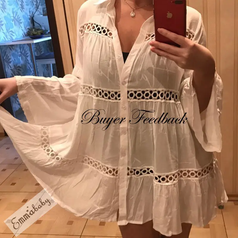 New Casual Loose Solid Women Lace Crochet Sexy Bikini Swimwear Beach Dress Cover Up Bathing Suit Summer Clothes white beach dress long