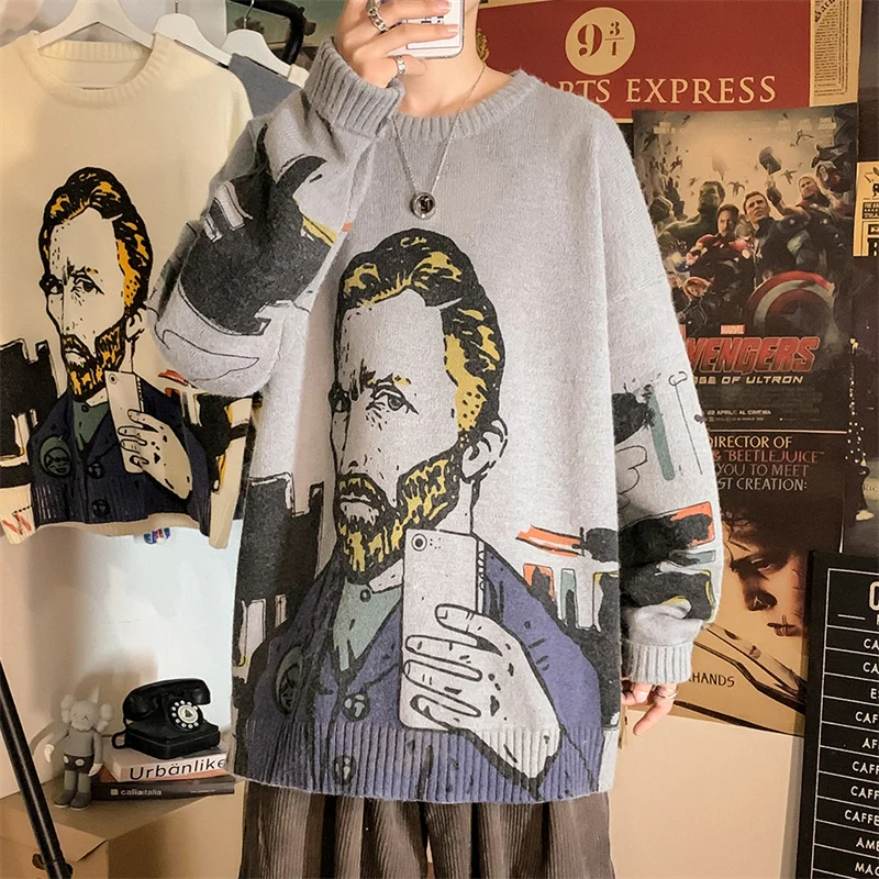 mens pullover sweater Van Gogh Sweater Men Fashion Streetwear Long Sleeve Korean Gengar Clothing Human Kapita Brand Oversized Y2K Women Knit Pullover formal sweater for men Sweaters