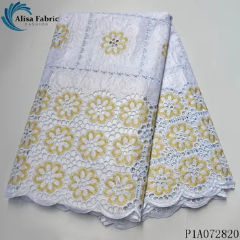 

Alisa white african dry lace bazin fabric embroidery with stones cord lace hollow design swiss voile 100% cotton fabrics 5 yards