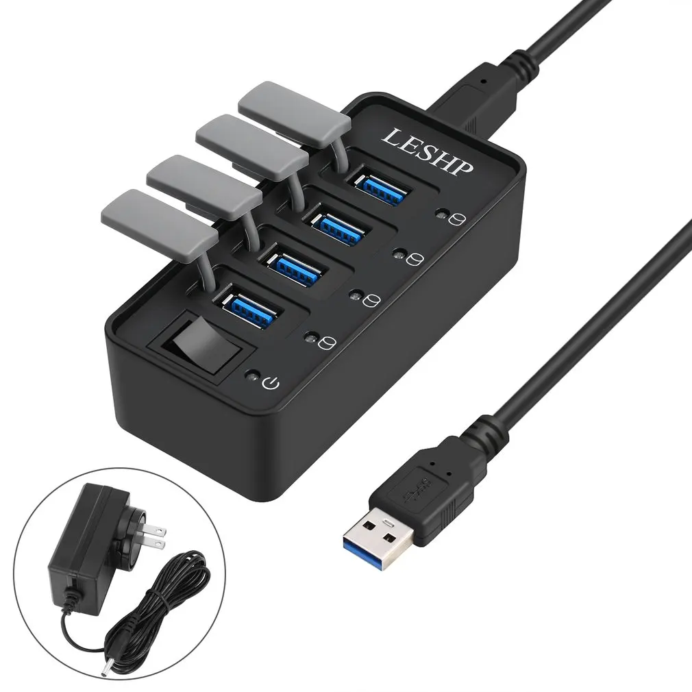 4 порта USB 3,0 концентратор Высокоскоростной 5 Гбит/с USB 3,0 концентратор данных разветвитель со светодиодами и переключателем внешний адаптер питания для ПК ноутбука