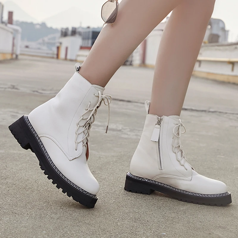 

Lucyever Women's Pu Leather Motorcycle Boots 2019 Autumn Winter Lace Up Platfotm Booties Female Black Beige Short Botines Mujer