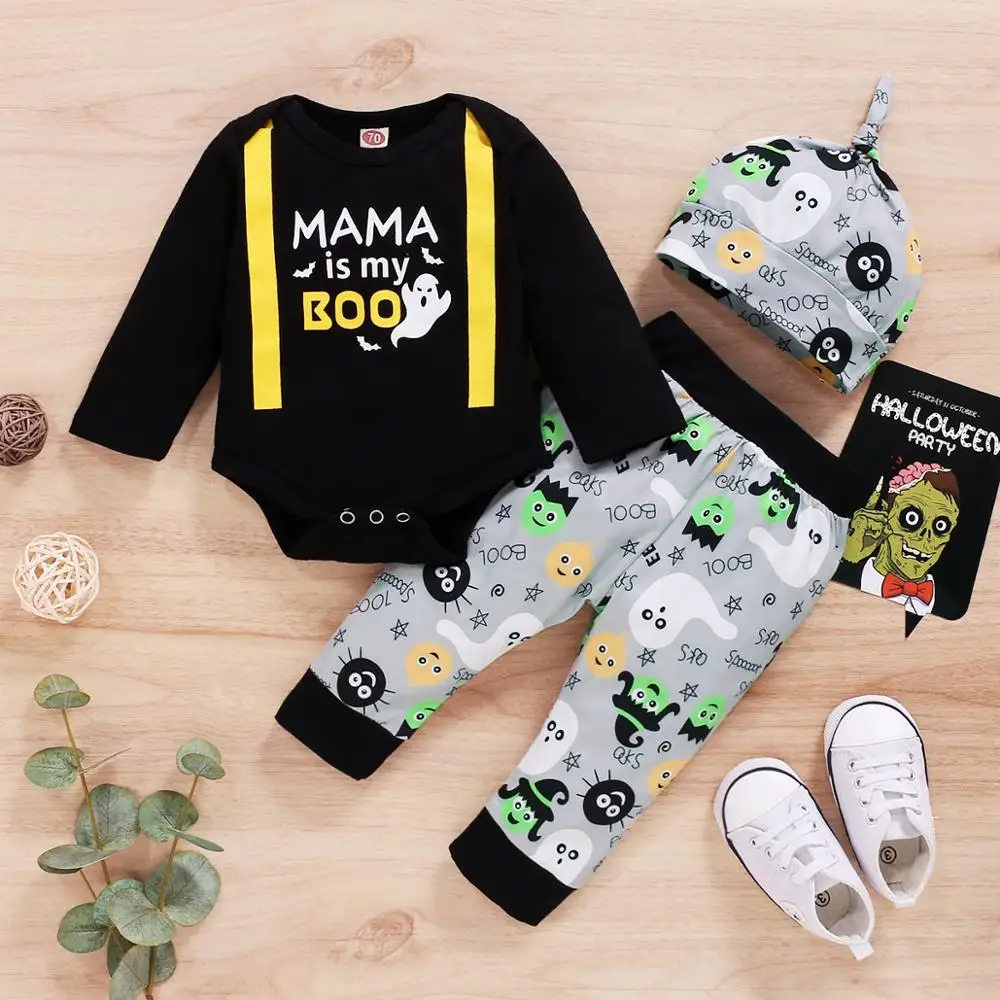 

Baby Boy Clothes 6 Months Baby Boy Winter Outfit Black Letter Long Sleeve Romper Green Cartoon Print Baby Boy Halloween Outfit