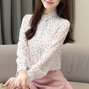 

JUAYKALA2019 Autumn Fashion Women Chiffon Blouses Long Sleeve Polka Dot Ruffles WomenClothing Casual Stand Collar Women Tops