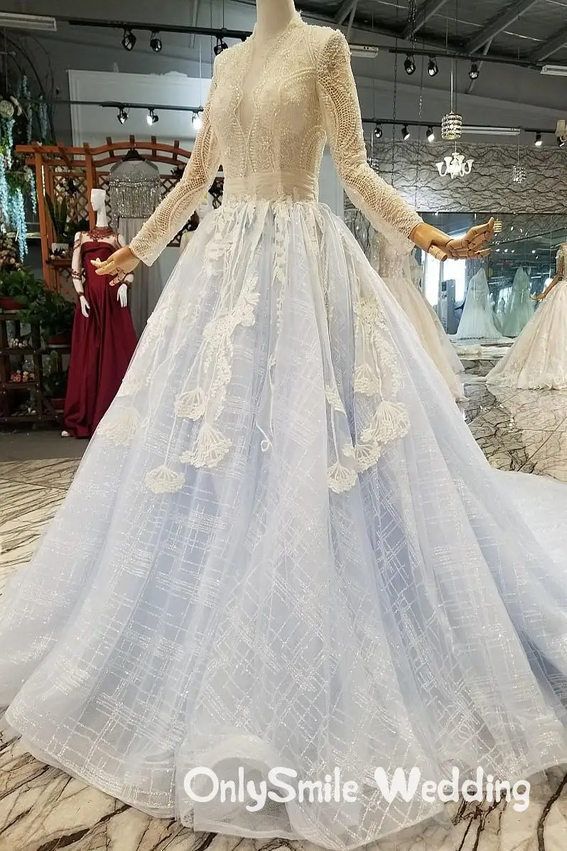 Небесно-Голубой Vestido De Noiva Sereia свадебное платье бальное платье с длинным рукавом большой поезд Кружевные, цветы, жемчуг бисером роскошное свадебное платье
