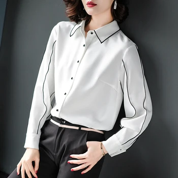 

Elegant Fashion White Tops Blouses Office Lady Turn-down Collar Long Lantern Sleeve Patchwork Women Shirt Blouse Spring Autumn