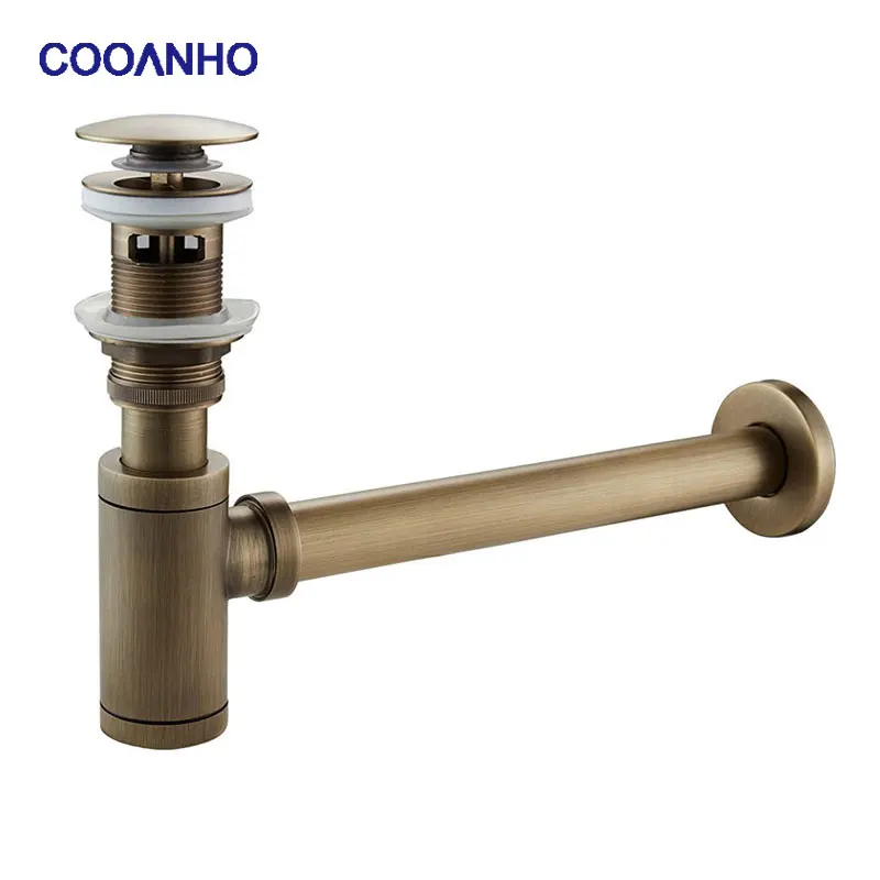 COOANHO Brass Modern Round Bottle P trap 1 1/4 Sink Drain Pipe Kit Antique with Pop up | Обустройство дома