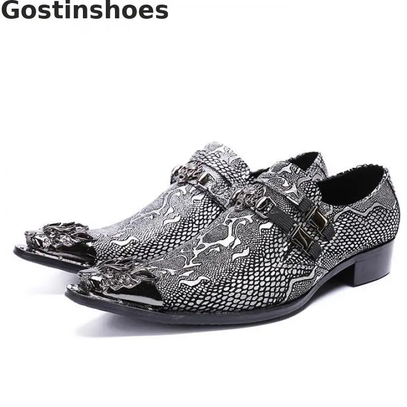 

Luxury Men Shoes Genuine Leather Grey Snakeskin Pattern Printed Men Leather Casual Shoes Iron Capped Toe Men Leisure Business