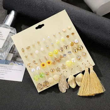 

bohemian long leaf feather tassel pendant resin flower earrings for women girl trendy crystal simulated pearl wedding earrings