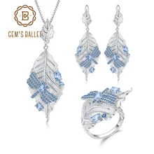 GEM'S балетный 925 пробы, Серебряный ручной работы, листья, драгоценный камень, ювелирный набор для женщин, натуральный Швейцарский Голубой Топаз, кольцо, серьги, кулон