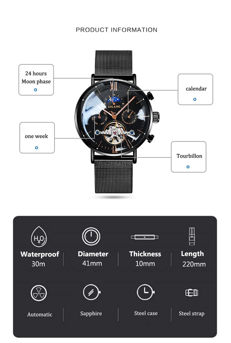 AILANG Uomo Automatico Meccanico Tourbillon di Lusso da Polso Uomo Cintura in Maglia di Acciaio Inossidabile es es_voghion.com