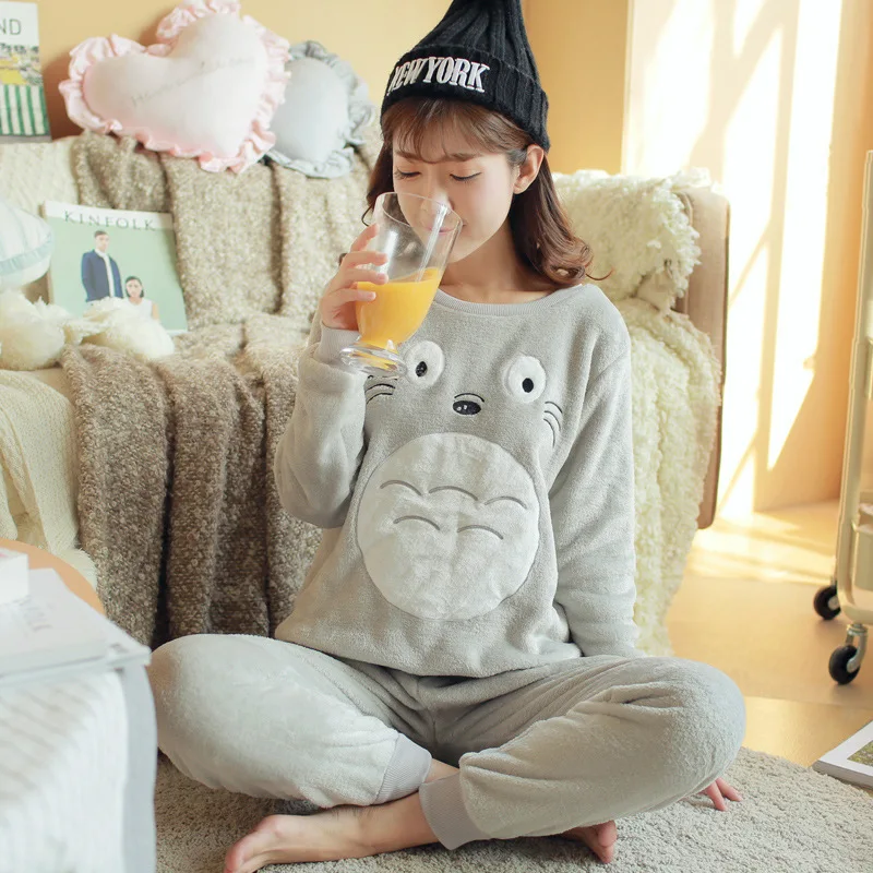 Drop shopping Winter Girl Cartoon Pajamas Long Sleeve Chinchilla Set Cute Totoro Round Neck women Flannel Pajamas sets female
