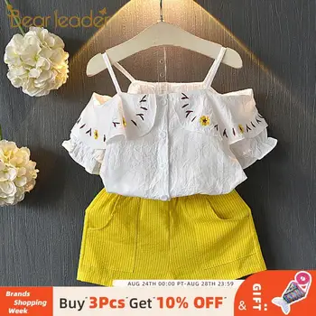 

Bear Leader Children Set 2020 New Girl Clothing Suit Embroidery Off-the-shoulder Children's Clothes Set Floral Top + Short 3-7Y