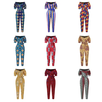 

Woman African Jumpsuit Clothing Short Puff Sleeve Dashiki Ankara Printing V-neck Shoulder Off Sexy Pub Bodysuit Zipper Outfits